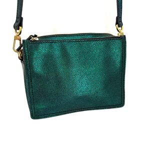 Fossil Green Snake Pebbled Leather Metallic Green Teal Three Zipper Crossbody